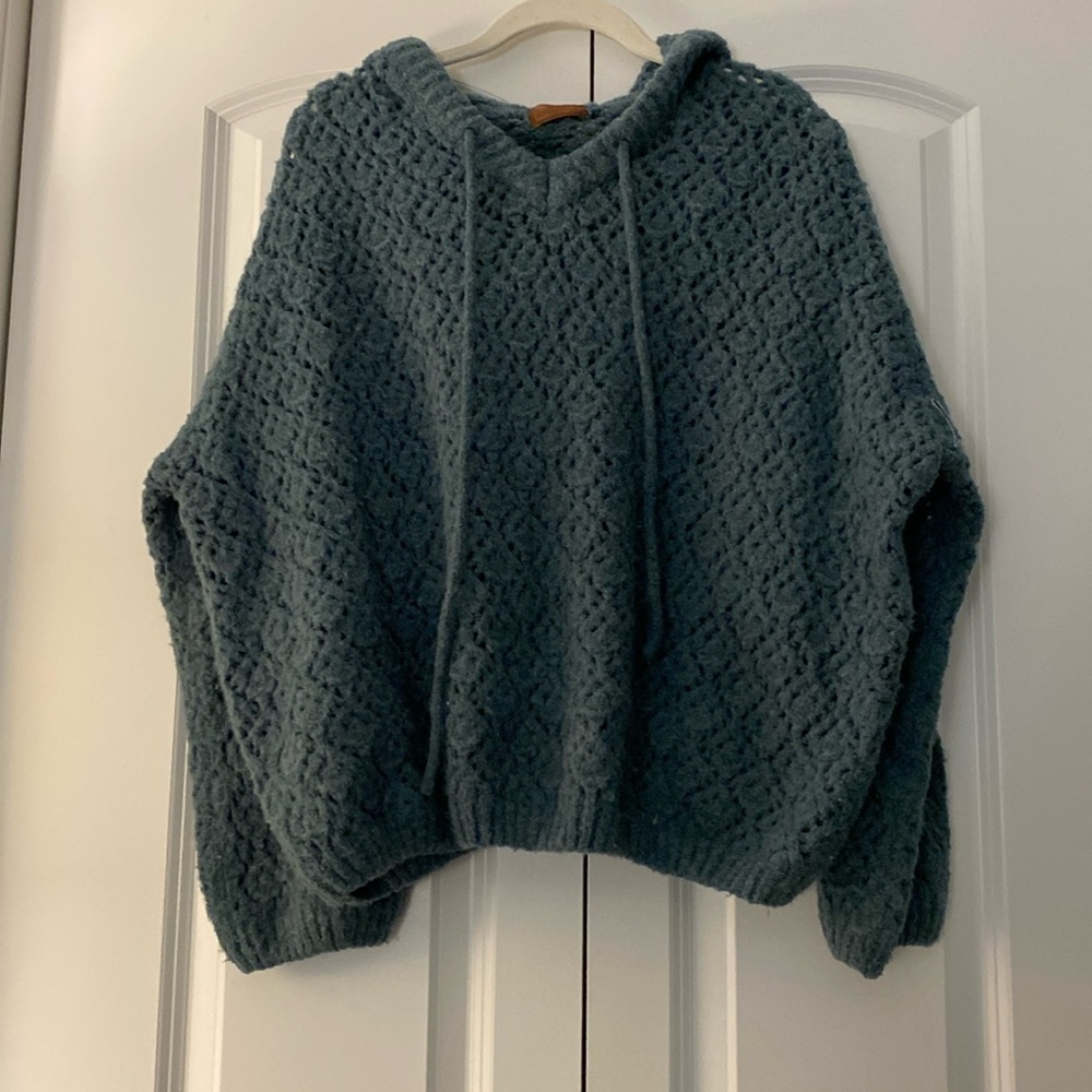 POL Teal Lacy Knit Oversized Hooded Sweater